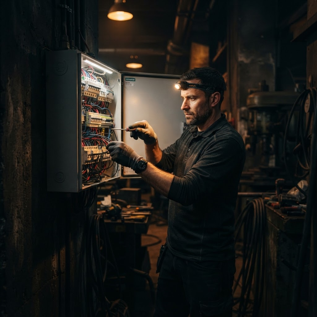 Elektrikář instaluje moderní rozvaděč